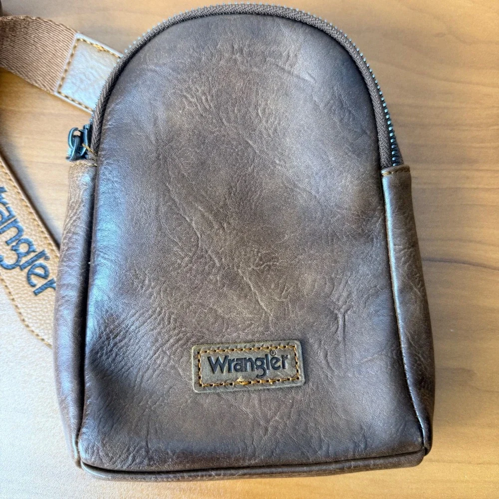 Wrangler Brown Vegan Leather Crossbody Sling Bag Western Travel Mini Backpack‎
